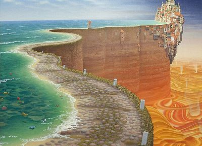 ocean, lava, cliffs, cities - desktop wallpaper