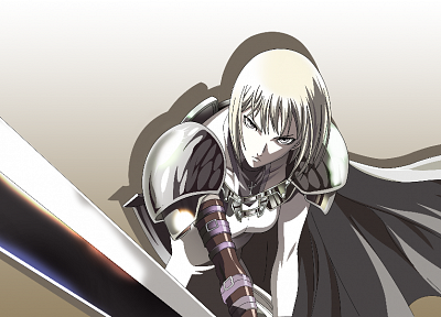blondes, Claymore, armor, Clare, anime, capes, gray eyes, anime girls, swords - related desktop wallpaper