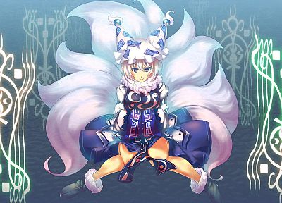 tails, Touhou, blue eyes, animal ears, short hair, white hair, Yakumo Ran, hats, fox girls, anime girls, kitsunemimi - related desktop wallpaper