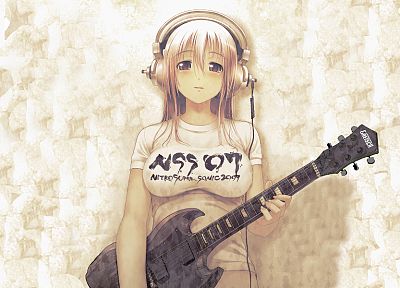 headphones, guitars, anime, Nitroplus, Super Sonico, Tsuji Santa - related desktop wallpaper