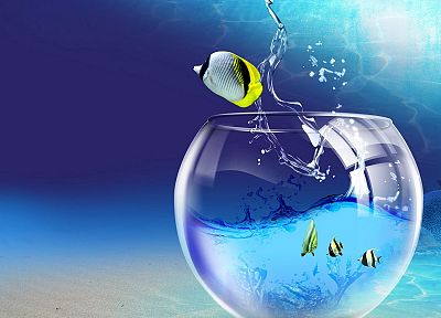 water, 3D view, abstract, ocean, glass, CGI, aquarium, water drops, 3D modeling, 3D, reflections, underwater, sealife, fish bowls - random desktop wallpaper