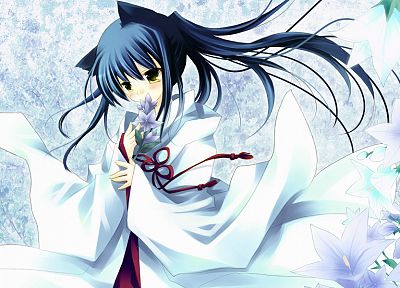 dress, flowers, nekomimi, blue hair, animal ears, Miko, yellow eyes, Japanese clothes, anime girls - related desktop wallpaper