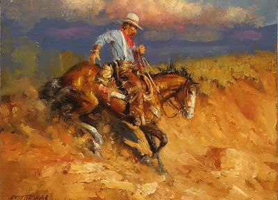 paintings, cowboys, artwork, chasing a stray - desktop wallpaper