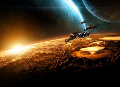 Sun, outer space, planets, spaceships, vehicles, StarCraft II - desktop wallpaper