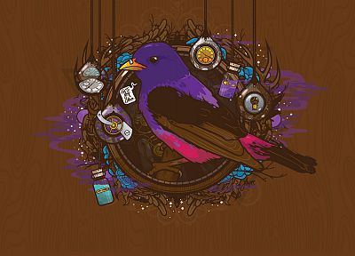 birds, bottles, clocks, artwork, wood texture, JThree Concepts, brown background, Jared Nickerson - desktop wallpaper