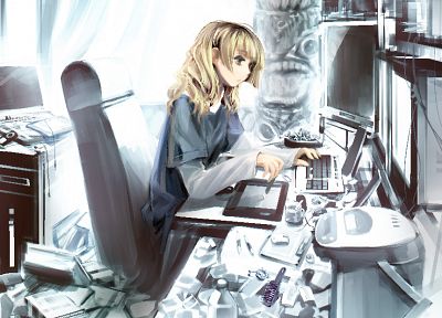 blondes, computers, indoors, room, keyboards, long hair, tables, mess, yellow eyes, messy, chairs, t-shirts, sitting, graphics tablets, soft shading, anime girls, hime cut, mp3 player, totem pole, Oekaki Musume, bangs, original characters - random desktop wallpaper