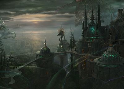 fantasy, cityscapes, dark, dragons, urban, buildings, anime, cities - related desktop wallpaper