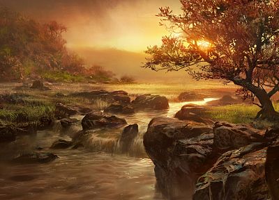 paintings, trees, rivers - related desktop wallpaper