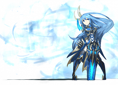 long hair, weapons, blue hair, armor, anime girls, swords, Shirogane Usagi (Artist) - desktop wallpaper