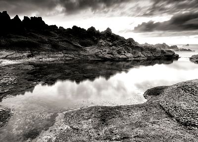 monochrome, rivers, reflections, greyscale, sea, beaches - related desktop wallpaper