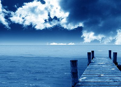 blue, ocean, clouds, landscapes, nature, dock - random desktop wallpaper