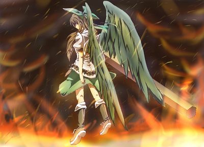 brunettes, boots, Touhou, wings, flying, fire, skirts, long hair, weapons, red eyes, cannons, bows, Reiuji Utsuho - related desktop wallpaper