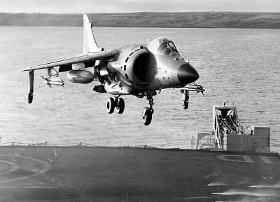 military, airplanes, grayscale, harrier, monochrome, vehicles, aircraft carriers, Sea Harrier, Falkland - related desktop wallpaper