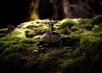 nature, tower, turtles, fantasy art, miniature, moss, tortoises - random desktop wallpaper