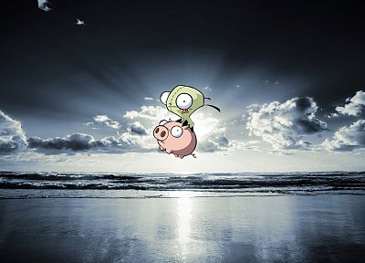 ocean, clouds, Invader Zim, pigs, Gir, sea - random desktop wallpaper