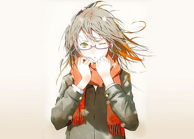 Fuyuno Haruaki, meganekko, scarfs, simple background, anime girls - duplicate desktop wallpaper