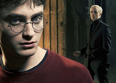 Harry Potter, Harry Potter and the Half Blood Prince, actors, Daniel Radcliffe, Tom Felton, Draco Malfoy, men with glasses - related desktop wallpaper