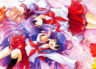Lucky Star, school uniforms, Hiiragi Kagami, Izumi Konata, anime girls, knee socks - random desktop wallpaper
