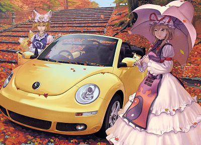 Touhou, autumn, dress, cars, leaves, Yakumo Yukari, umbrellas, Yakumo Ran, anime girls, Geister - random desktop wallpaper