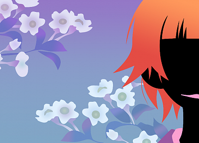 Sayonara Zetsubou Sensei, cherry blossoms, blossoms, short hair, no face, dark skin, orange hair, anime girls, faces, blue background, bangs, Tsunetsuki Matoi, lipstick - desktop wallpaper
