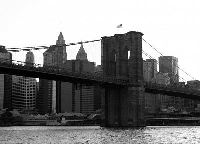 bridges, Brooklyn Bridge, flags, New York City, Manhattan, grayscale, monochrome, American Flag - related desktop wallpaper
