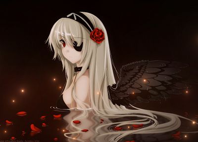 water, wings, flowers, long hair, red eyes, collar, headbands, white hair, flower petals, Misaki Kurehito - desktop wallpaper