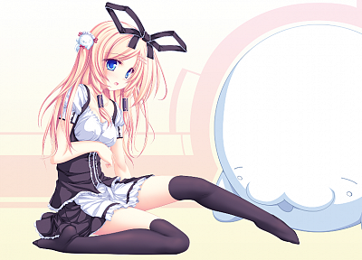 pink hair, thigh highs, bows, anime girls - desktop wallpaper