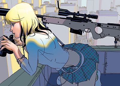 blondes, sniper rifles, rooftops, miniskirts, anime, binoculars, leaning, L-96 - related desktop wallpaper