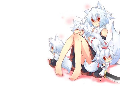 tails, video games, Touhou, chibi, barefoot, animal ears, red eyes, short hair, white hair, Inubashiri Momiji, Japanese clothes, simple background, inumimi, anime girls, multiple persona, detached sleeves, white background, knees together - random desktop wallpaper