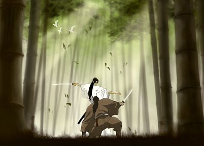 trees, forests, birds, grass, bamboo, samurai, long hair, duel, kimono, sunlight, anime, swords, fighters - random desktop wallpaper