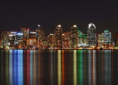 water, cityscapes, skylines, architecture, buildings, San Diego, nightlights, reflections - random desktop wallpaper