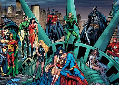 Batman, DC Comics, comics, Superman, New York City, Statue of Liberty, The Flash, Flash (superhero), Wonder Woman - related desktop wallpaper