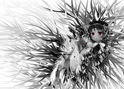 red eyes, grayscale, anime - related desktop wallpaper