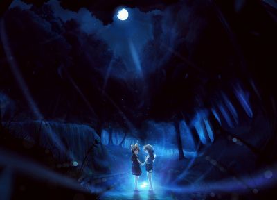 Vocaloid, night, forests, Moon, moonlight, Kagamine Rin, Kagamine Len, anime - desktop wallpaper