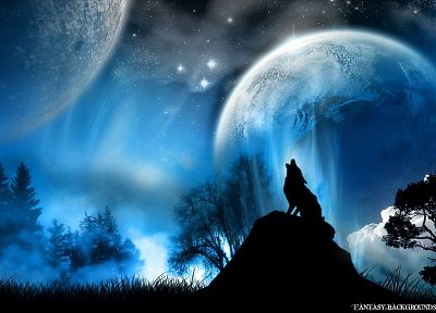 blue, stars, planets, Moon, wolves - random desktop wallpaper