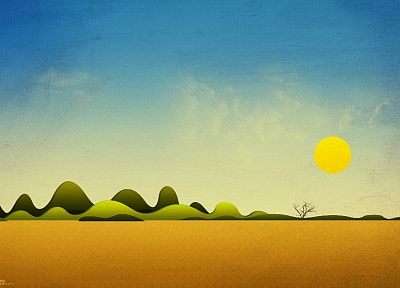paintings, mountains, Sun, fields, skyscapes - related desktop wallpaper
