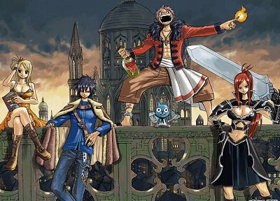 Fairy Tail, Scarlet Erza, Fullbuster Gray, Dragneel Natsu, Happy (Fairy Tail), Heartfilia Lucy - duplicate desktop wallpaper