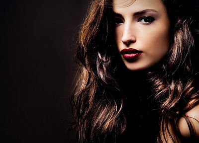 brunettes, women, lips, faces, black background - desktop wallpaper