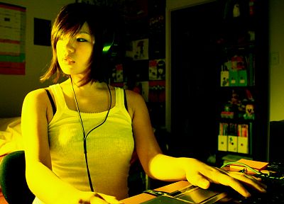 headphones, women, Asians - desktop wallpaper