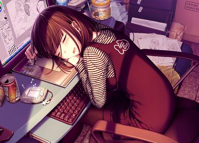 keyboards, sleeping, Sayori Neko Works, anime girls, Oekaki Musume, screens - related desktop wallpaper