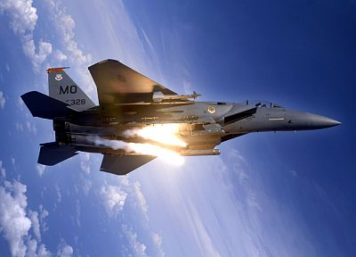 war, airplanes, flares, F-15 Eagle - random desktop wallpaper