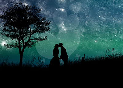 love, trees, night, kissing - desktop wallpaper