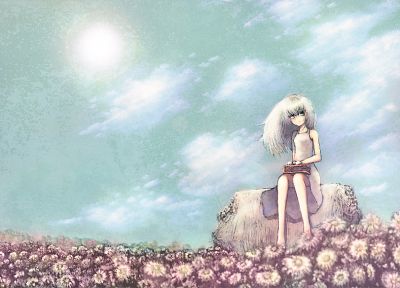 clouds, dress, flowers, barefoot, white hair, aqua eyes - related desktop wallpaper