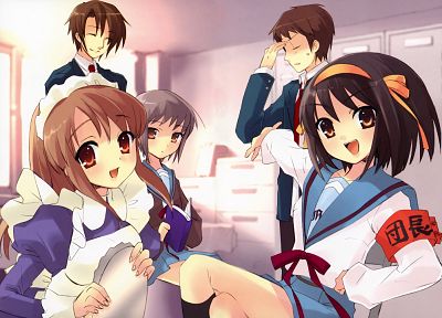 maids, school uniforms, Asahina Mikuru, Nagato Yuki, The Melancholy of Haruhi Suzumiya, Kyon, Suzumiya Haruhi - random desktop wallpaper