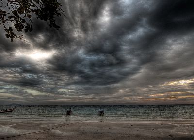 ocean, clouds, skylines, ships, shore, HDR photography, sea, beaches - desktop wallpaper