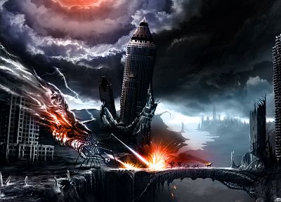 monsters, post-apocalyptic, bridges, The Lord of the Rings, fantasy art, horses, skyscrapers, digital art, sparks, running, crossovers, modern, apocalyptic, Romantically Apocalyptic, Vitaly S Alexius, Moria - related desktop wallpaper