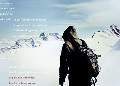 climbing, snow, text, poem, Invictus, hooded, backpacks - random desktop wallpaper