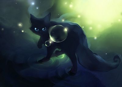 black, cats, animals, Black Cat, DeviantART, bubbles, artwork, Apofiss - random desktop wallpaper