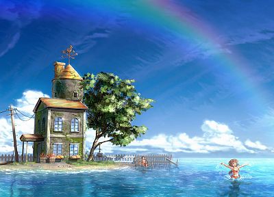 water, rainbows, house, anime girls - desktop wallpaper