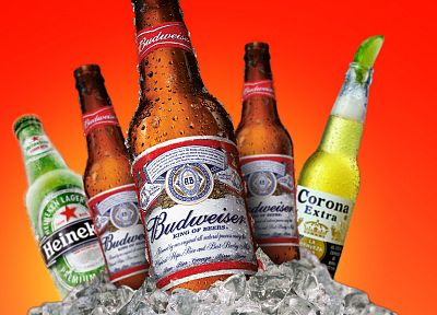 beers, alcohol, Heineken, Budweiser, ice cubes - desktop wallpaper